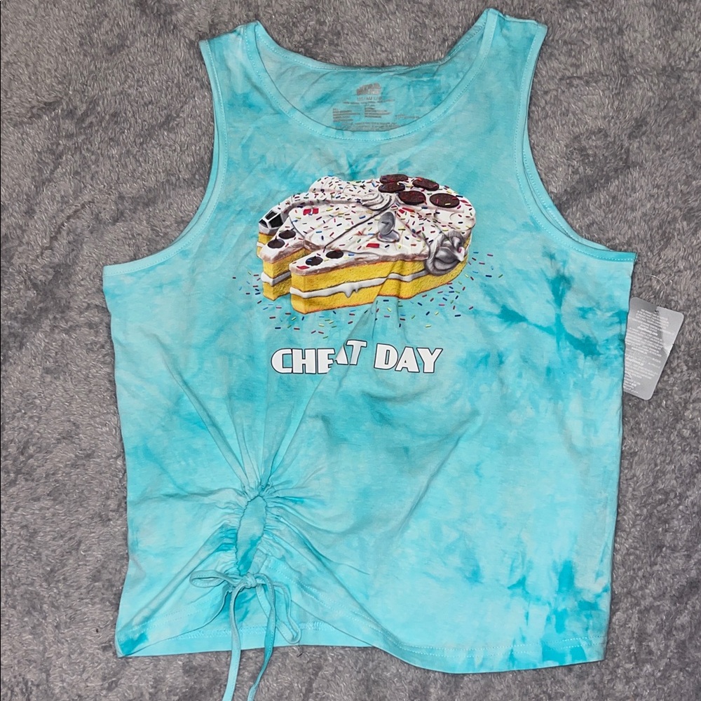 CHEAT DAY Tie-Dye Graphic Tank | Sweet Treats Cake Donut Print | Ruched Side Det